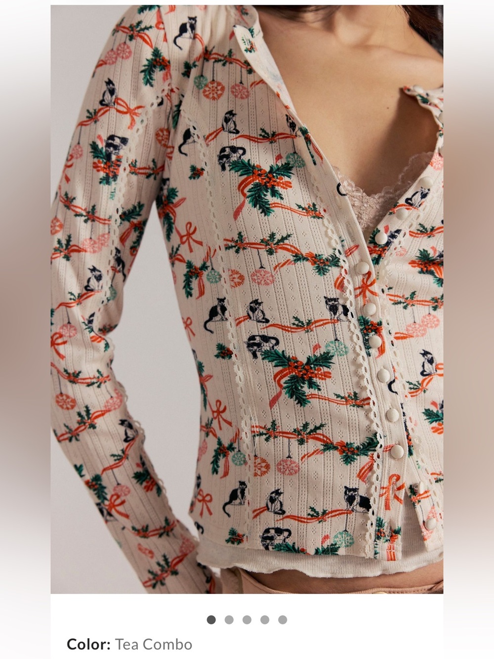 Free People Tea Combo Printed Button-Up Pearl And Lace Cardi